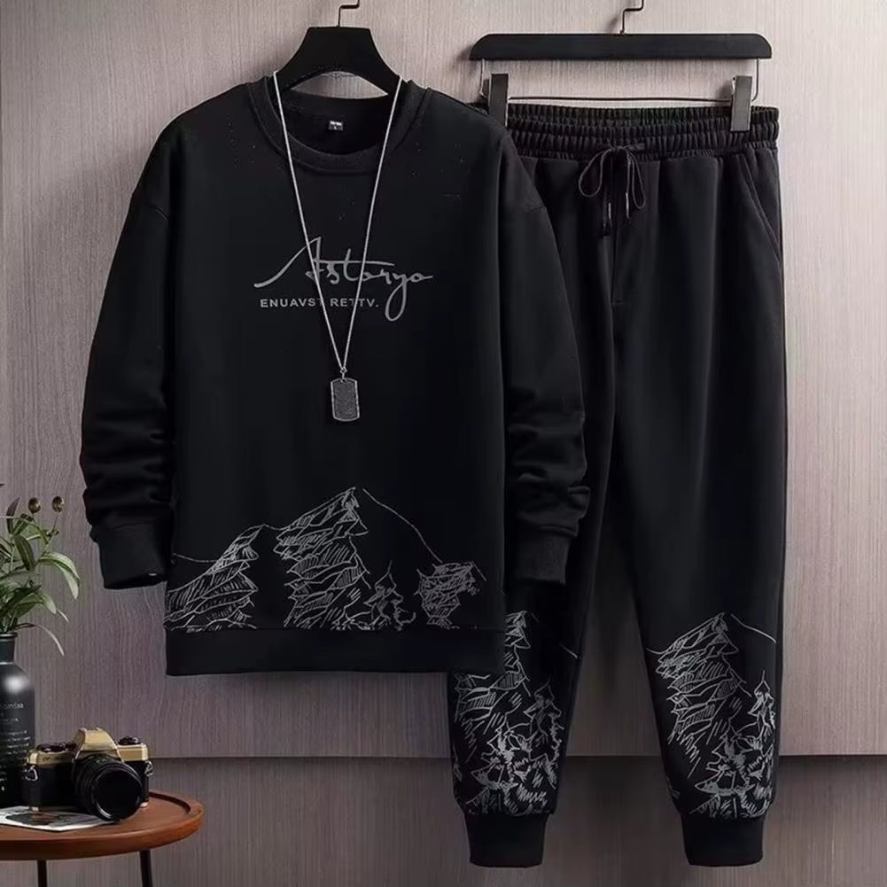 Pockets Jogging Suit Men'S Mountain Print Casual Tracksuit Set with O-Neck Sweatshirt Jogger Pants for Autumn Winter Men