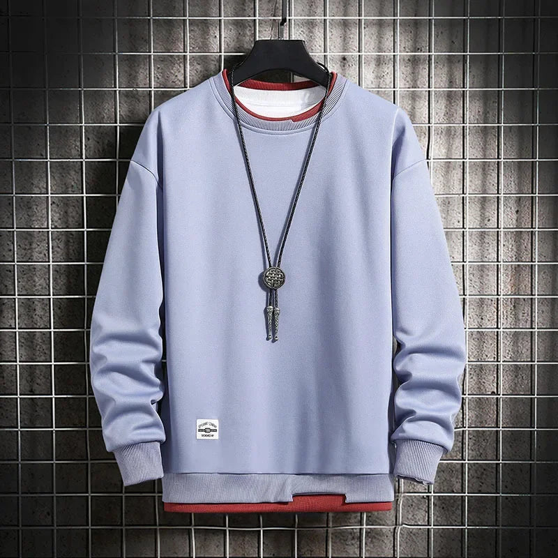 2024 Spring Mens Casual Sweatshirts Fashion Fake Two Pieces O Neck Hoodies Men Harajuku Streetwear Tops Autumn Male Sweatshirt