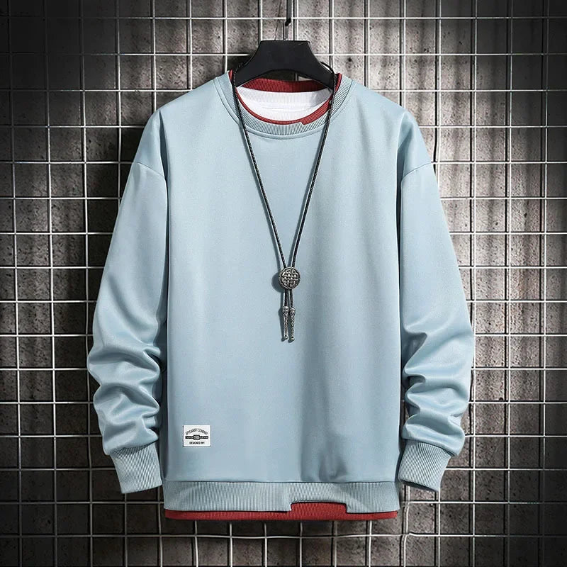 2024 Spring Mens Casual Sweatshirts Fashion Fake Two Pieces O Neck Hoodies Men Harajuku Streetwear Tops Autumn Male Sweatshirt