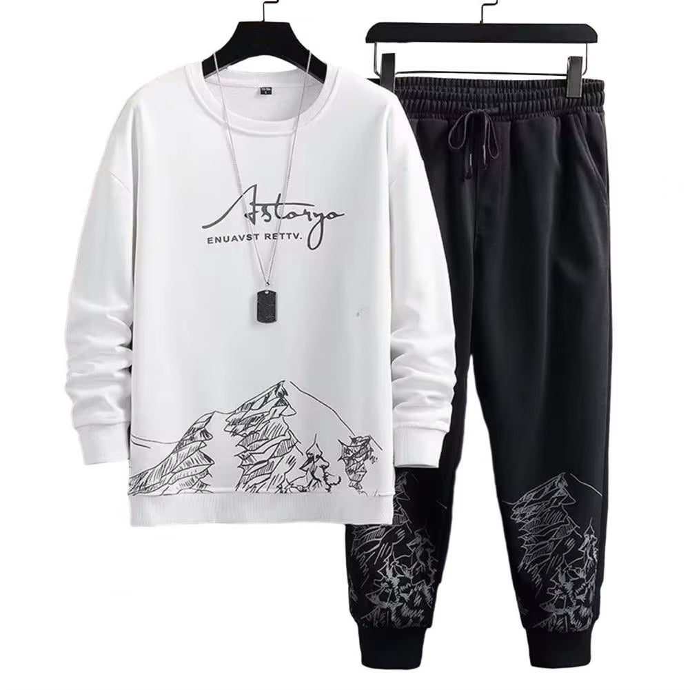 Pockets Jogging Suit Men'S Mountain Print Casual Tracksuit Set with O-Neck Sweatshirt Jogger Pants for Autumn Winter Men