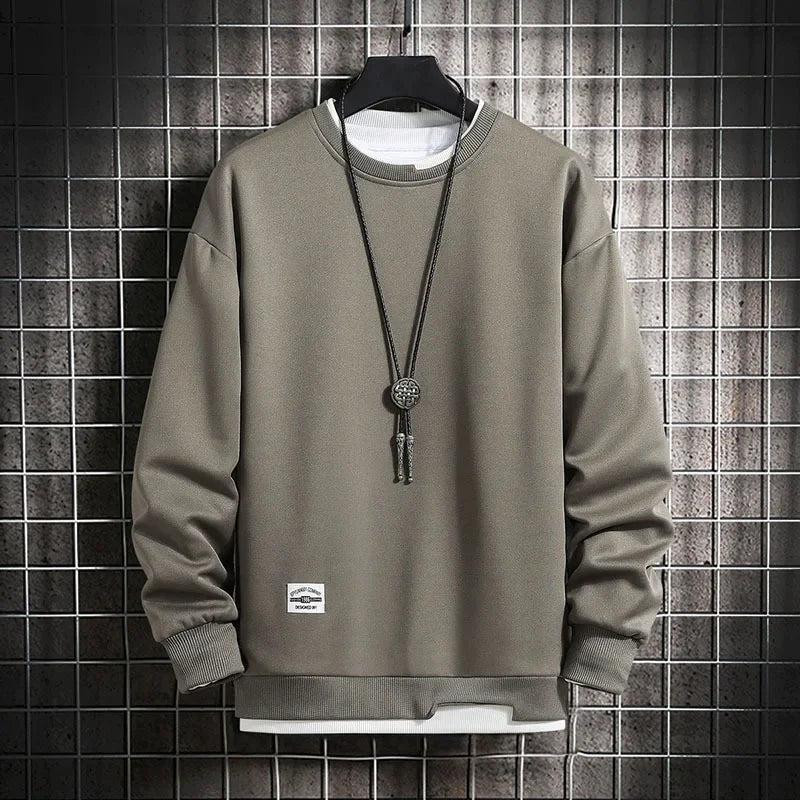 2024 Spring Mens Casual Sweatshirts Fashion Fake Two Pieces O Neck Hoodies Men Harajuku Streetwear Tops Autumn Male Sweatshirt
