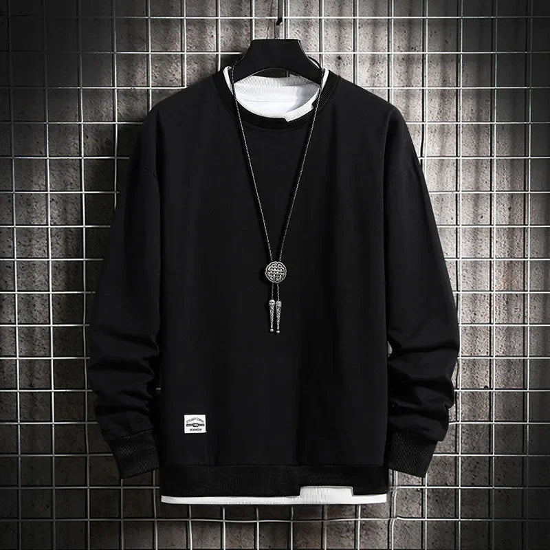 2024 Spring Mens Casual Sweatshirts Fashion Fake Two Pieces O Neck Hoodies Men Harajuku Streetwear Tops Autumn Male Sweatshirt