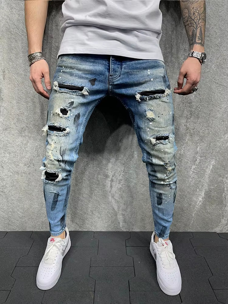 Men Slim-Fit HIP HOP Ripped Jeans Man Painted Printed Pencil Denim Pants Fashion Patchwork Moto Biker Cowboy Beggar Trousers Men