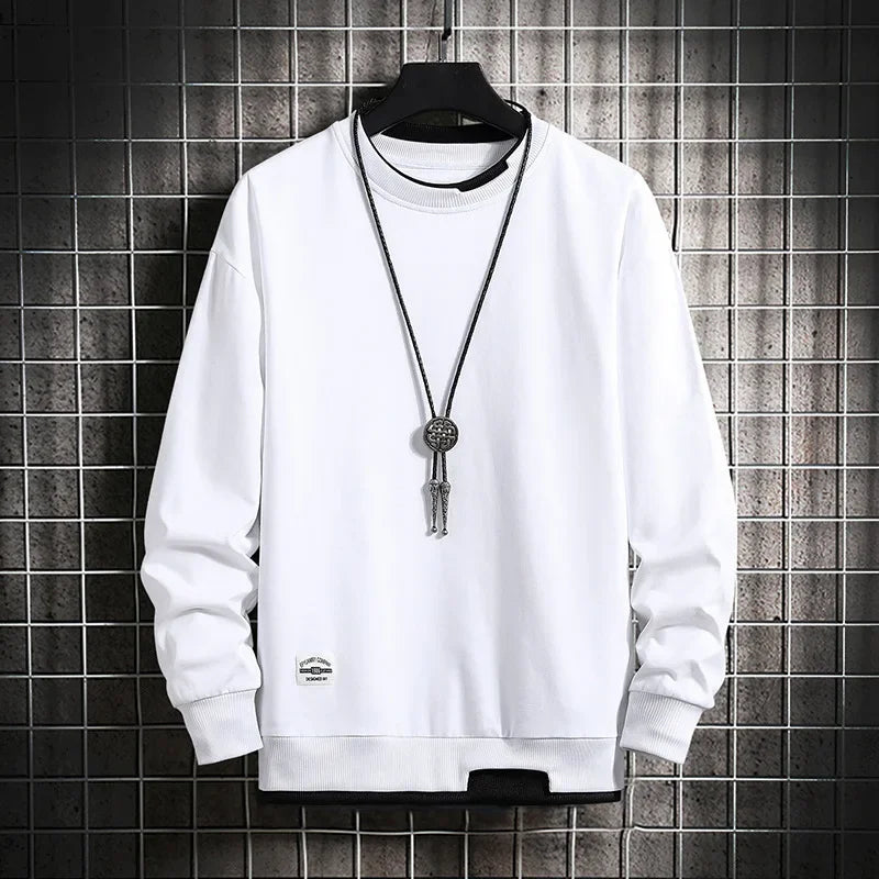 2024 Spring Mens Casual Sweatshirts Fashion Fake Two Pieces O Neck Hoodies Men Harajuku Streetwear Tops Autumn Male Sweatshirt