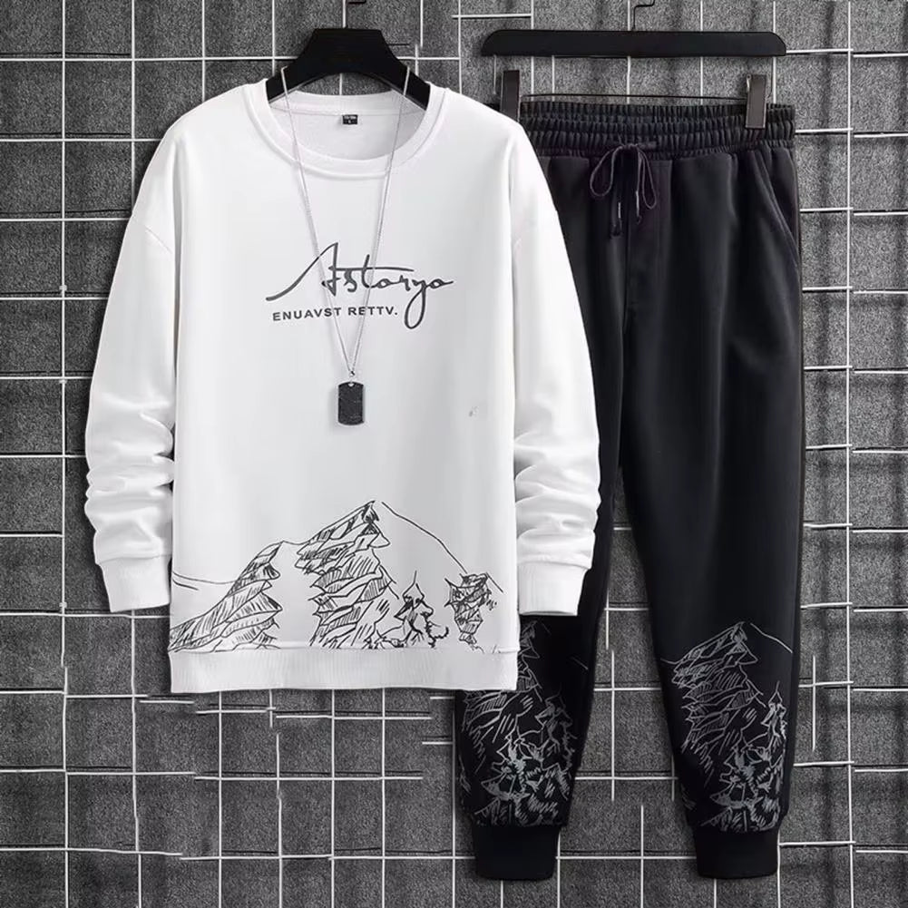 Pockets Jogging Suit Men'S Mountain Print Casual Tracksuit Set with O-Neck Sweatshirt Jogger Pants for Autumn Winter Men
