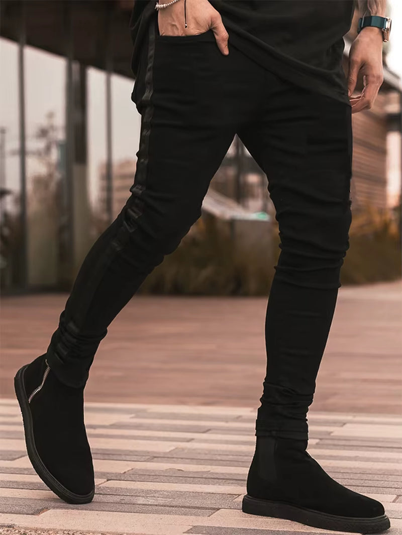 Streetwear Men'S Skinny Jeans Men Pants Pencil Biker Side Striped Jeans Hip Hop Slim Fit Man Stretchy Jeans