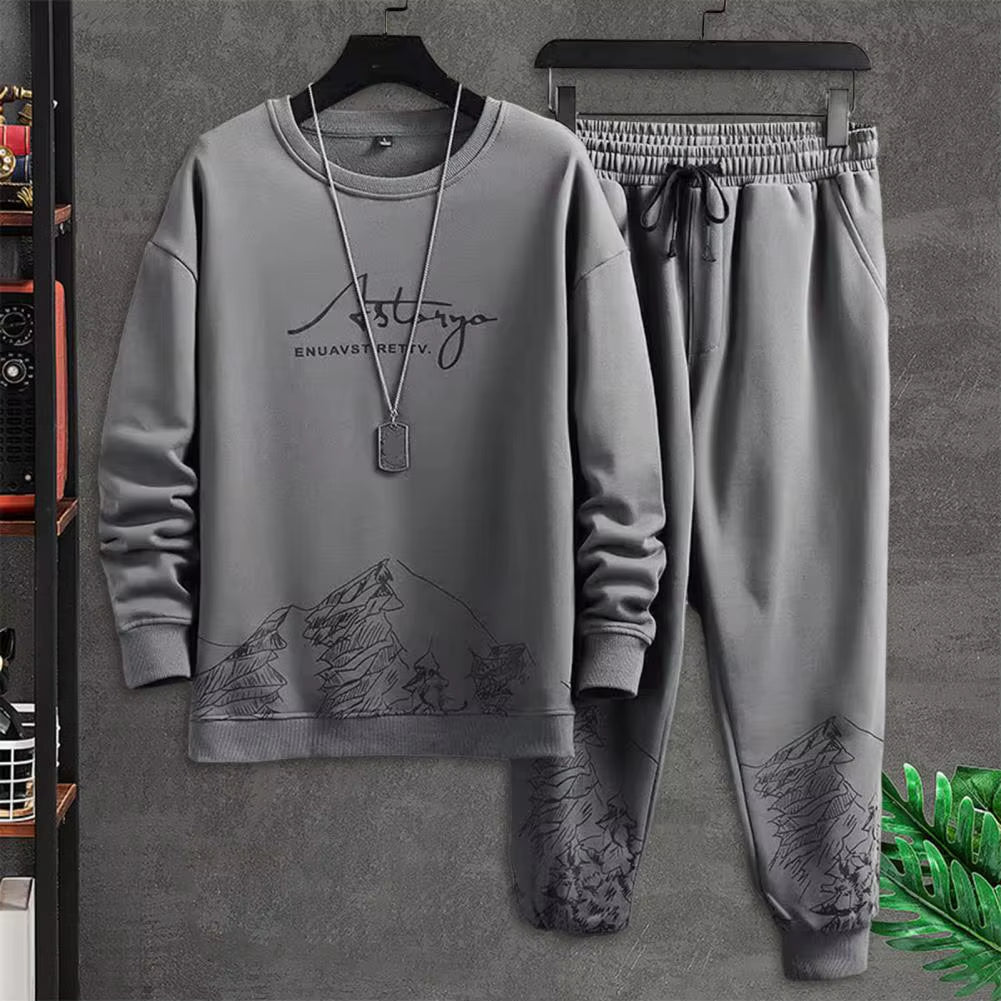 Pockets Jogging Suit Men'S Mountain Print Casual Tracksuit Set with O-Neck Sweatshirt Jogger Pants for Autumn Winter Men