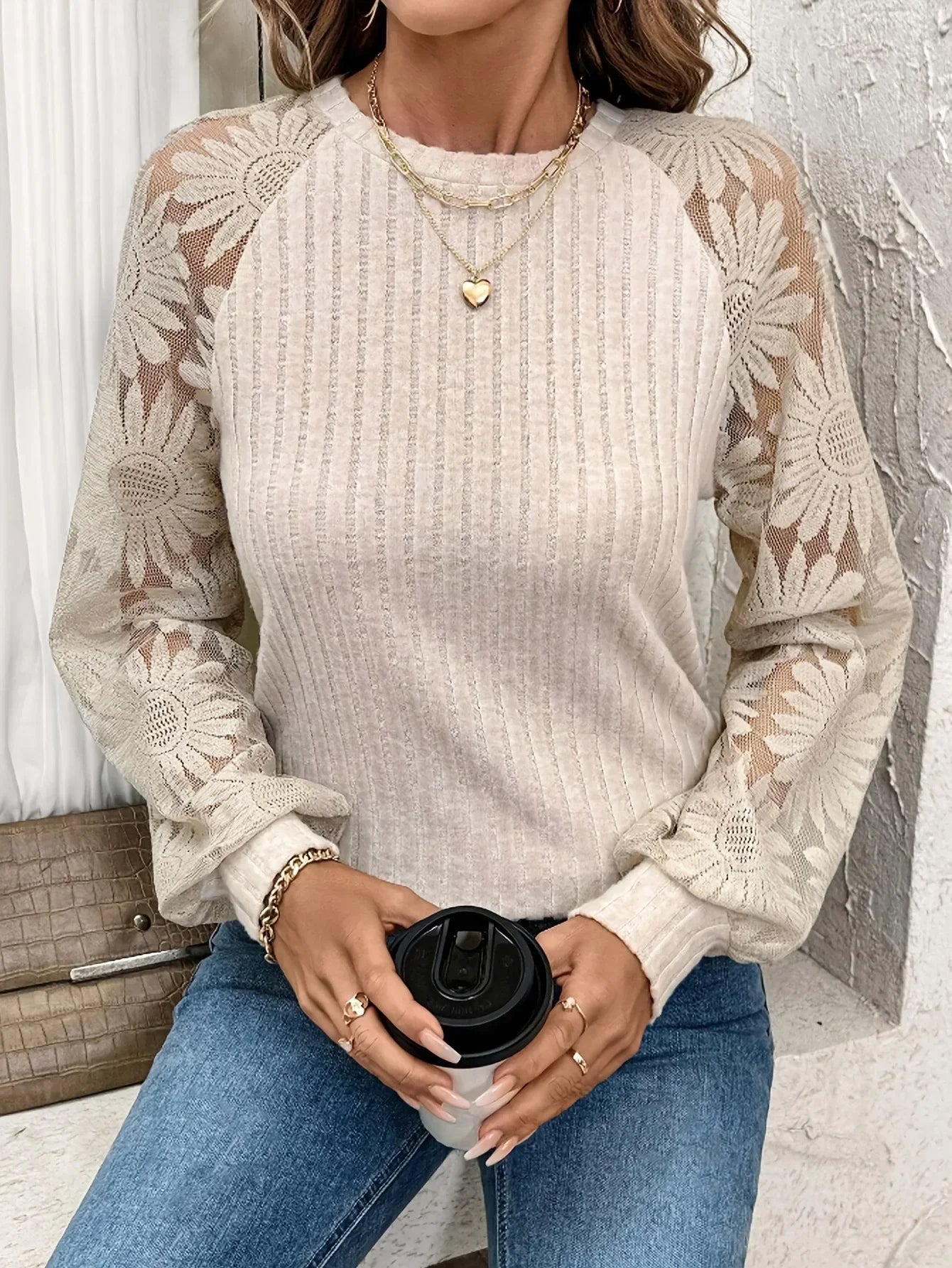 Women's Lace Panel Long Sleeve Top