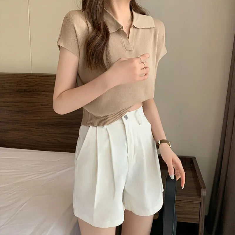 Polo Neck Knitted T-Shirt for Women Summer