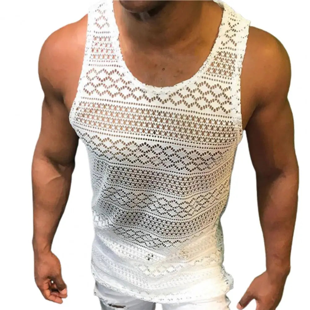 Tank Top for Men Lace Hollow Out Sleeveless