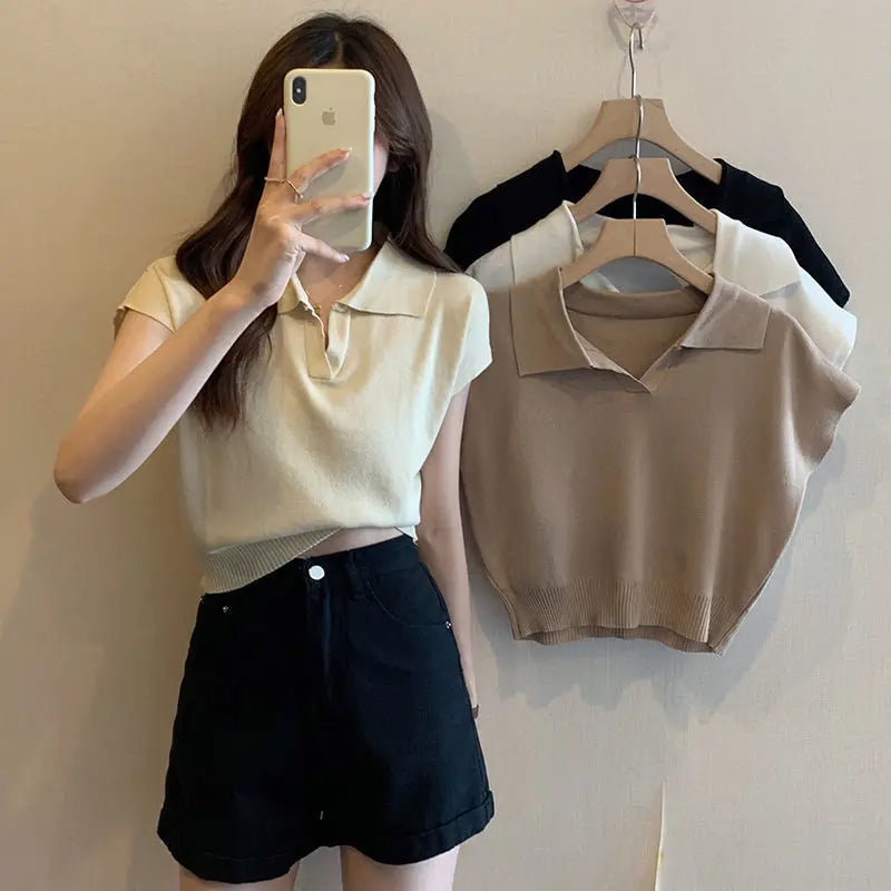 Polo Neck Knitted T-Shirt for Women Summer