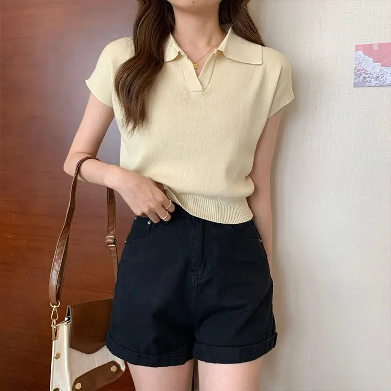 Polo Neck Knitted T-Shirt for Women Summer