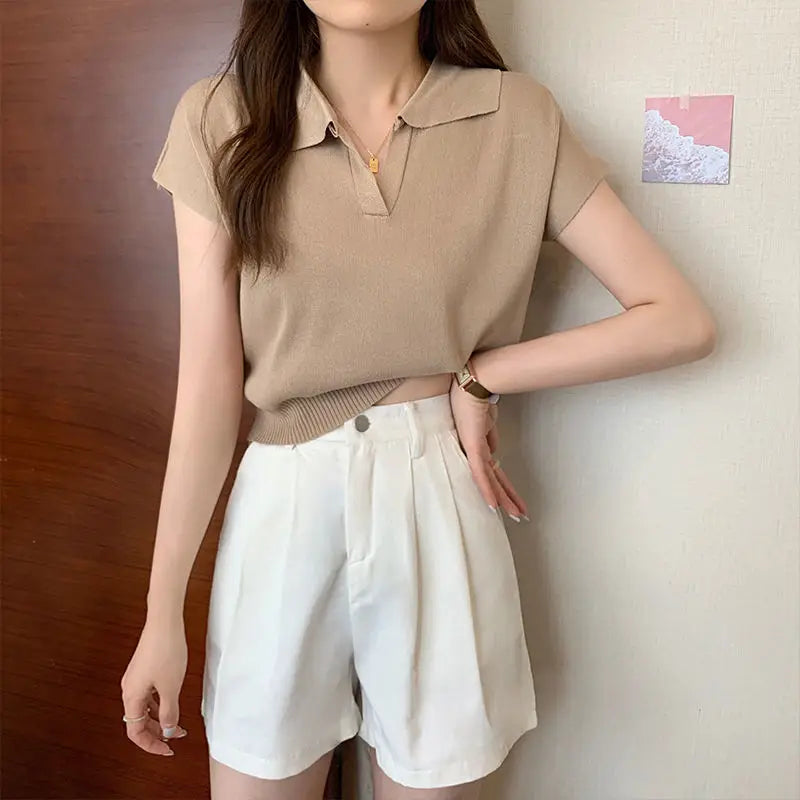 Polo Neck Knitted T-Shirt for Women Summer
