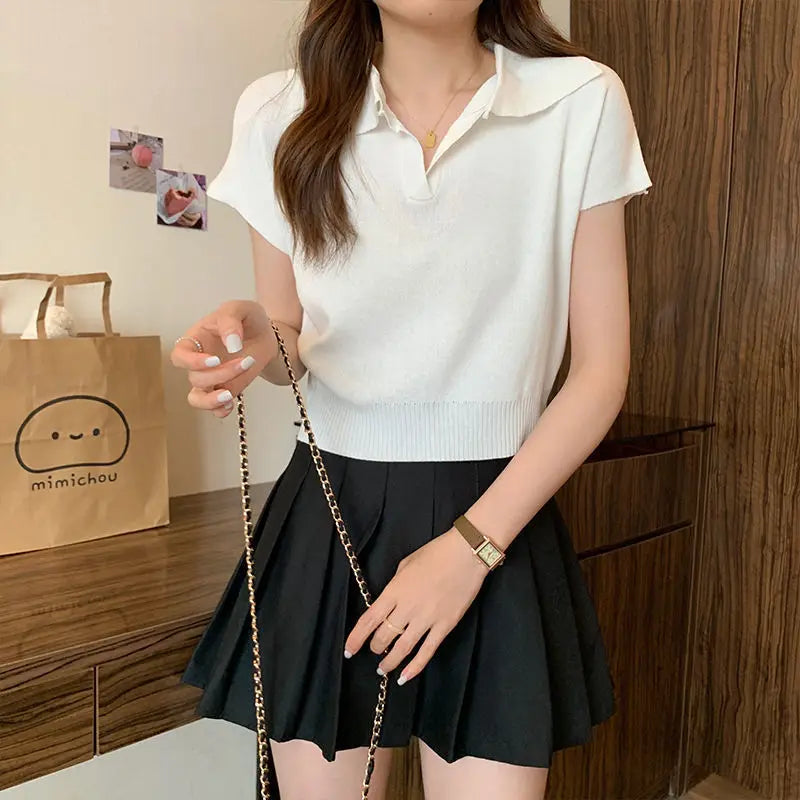 Polo Neck Knitted T-Shirt for Women Summer