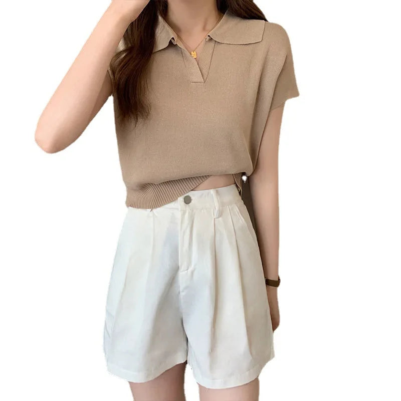 Polo Neck Knitted T-Shirt for Women Summer
