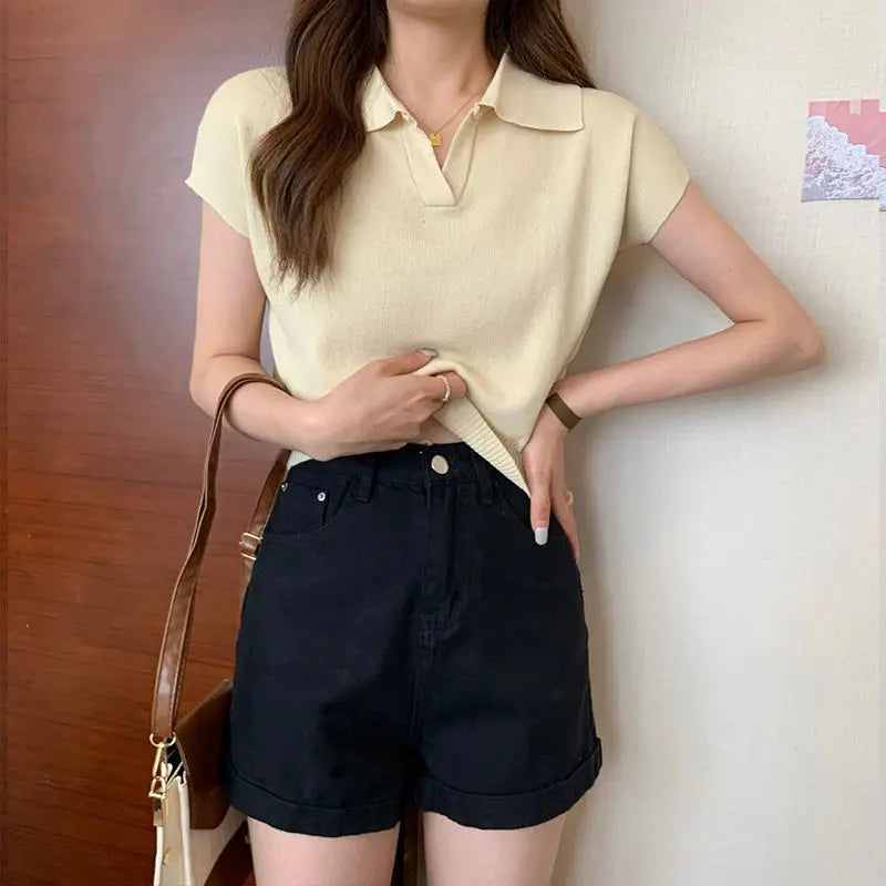 Polo Neck Knitted T-Shirt for Women Summer