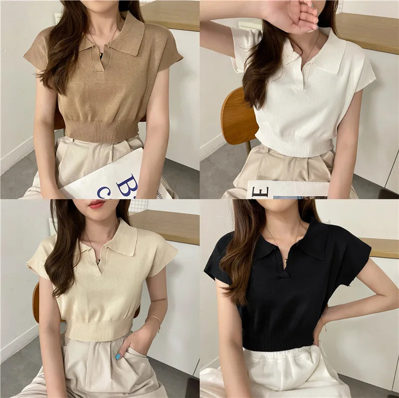 Polo Neck Knitted T-Shirt for Women Summer