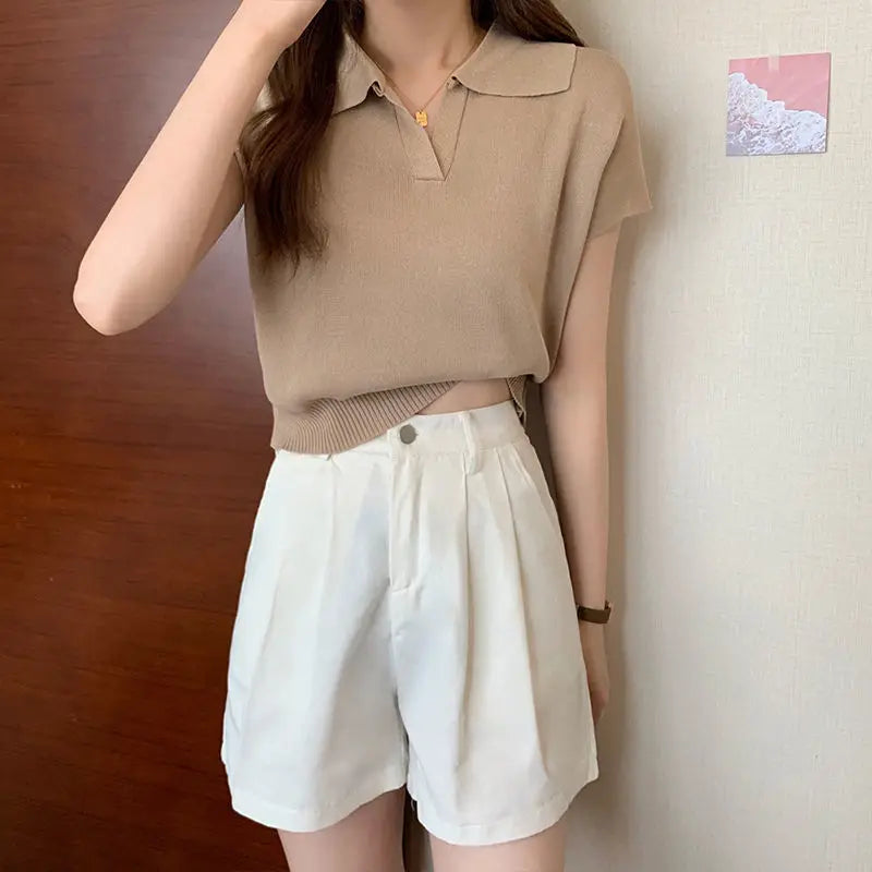Polo Neck Knitted T-Shirt for Women Summer