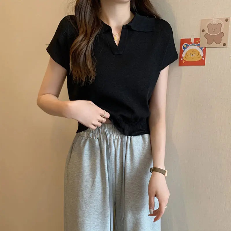 Polo Neck Knitted T-Shirt for Women Summer