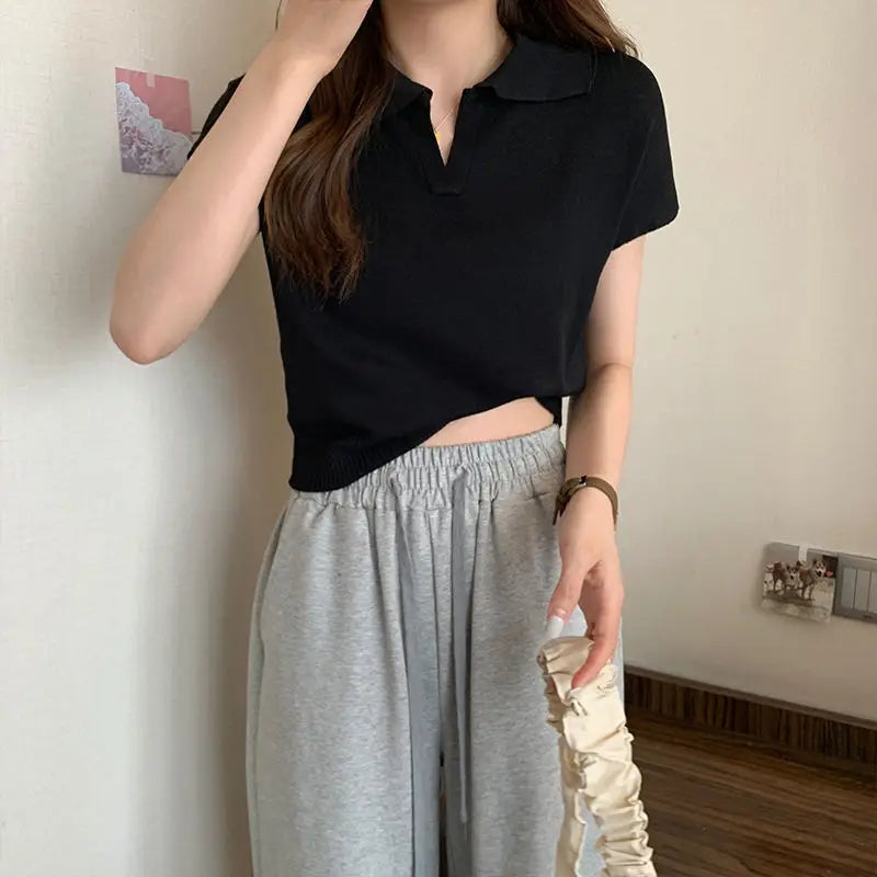Polo Neck Knitted T-Shirt for Women Summer