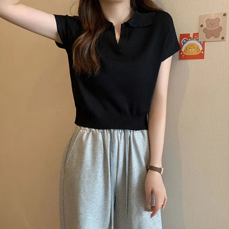 Polo Neck Knitted T-Shirt for Women Summer