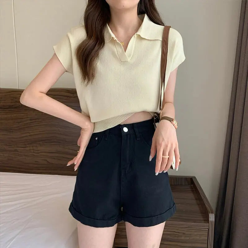 Polo Neck Knitted T-Shirt for Women Summer