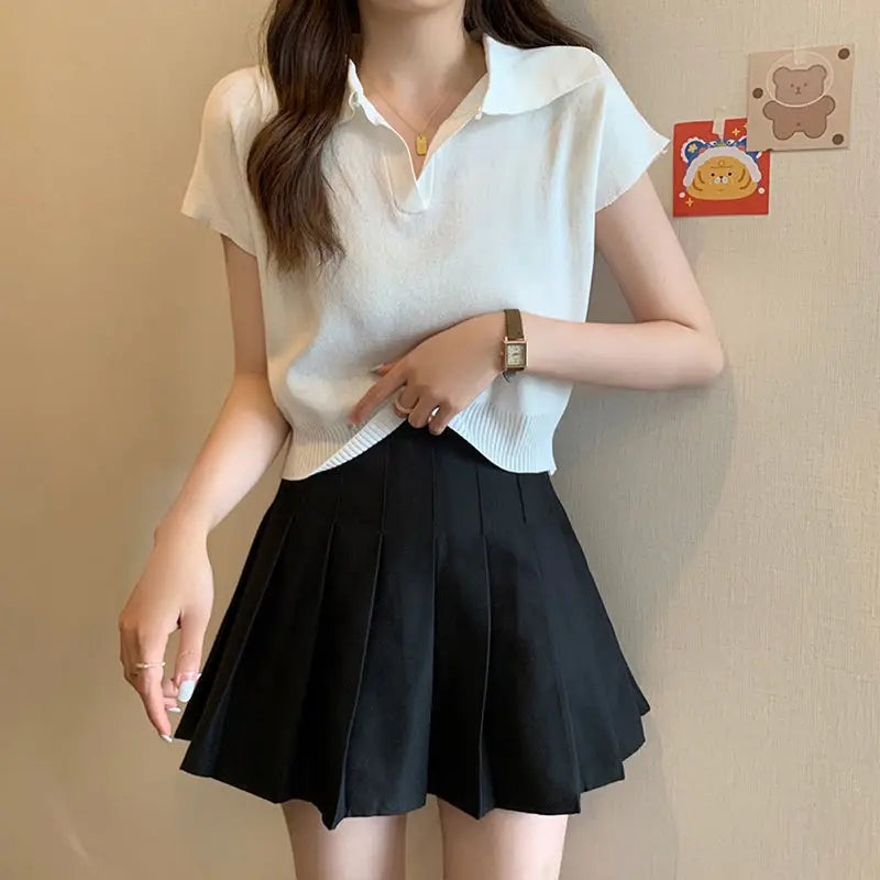 Polo Neck Knitted T-Shirt for Women Summer