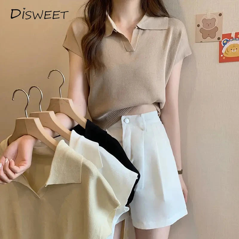 Polo Neck Knitted T-Shirt for Women Summer