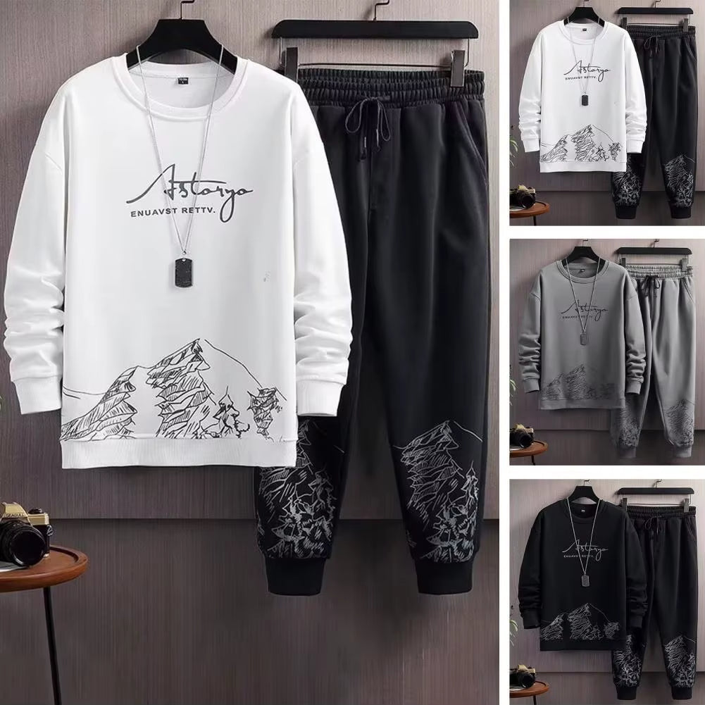Pockets Jogging Suit Men'S Mountain Print Casual Tracksuit Set with O-Neck Sweatshirt Jogger Pants for Autumn Winter Men