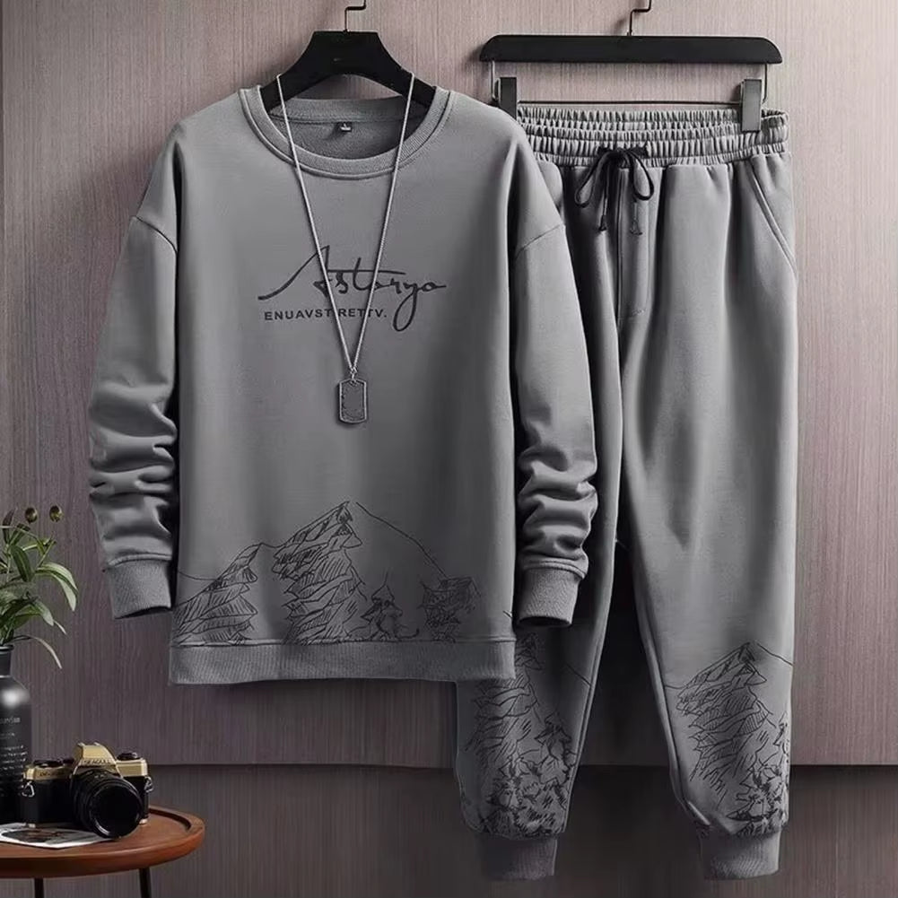 Pockets Jogging Suit Men'S Mountain Print Casual Tracksuit Set with O-Neck Sweatshirt Jogger Pants for Autumn Winter Men