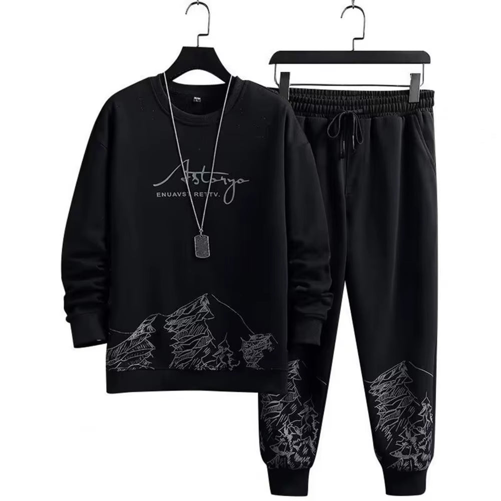 Pockets Jogging Suit Men'S Mountain Print Casual Tracksuit Set with O-Neck Sweatshirt Jogger Pants for Autumn Winter Men