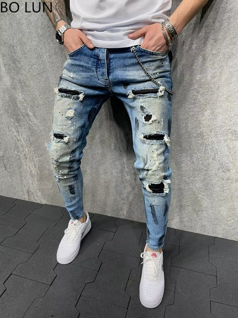 Men Slim-Fit HIP HOP Ripped Jeans Man Painted Printed Pencil Denim Pants Fashion Patchwork Moto Biker Cowboy Beggar Trousers Men