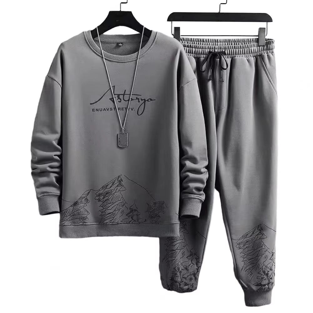 Pockets Jogging Suit Men'S Mountain Print Casual Tracksuit Set with O-Neck Sweatshirt Jogger Pants for Autumn Winter Men