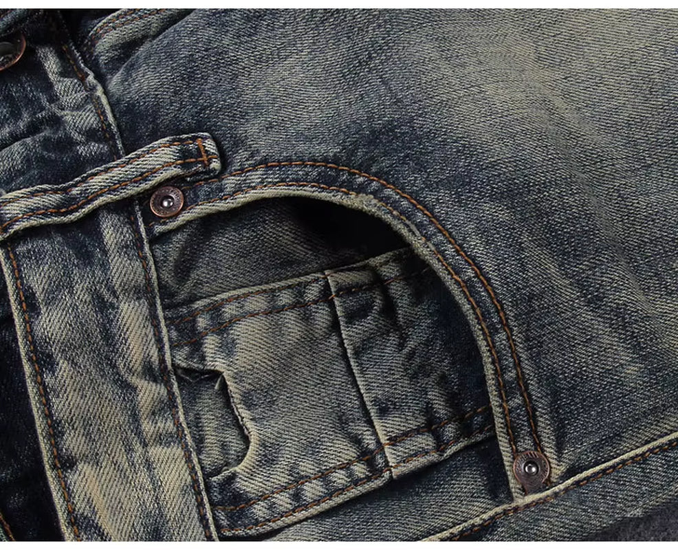 MEN FASHION Korean Style Clothes Brushed Fleece Denim Cargo Vintage Winter Straight Slim Luxury Streetwear 90S Trousers for Men