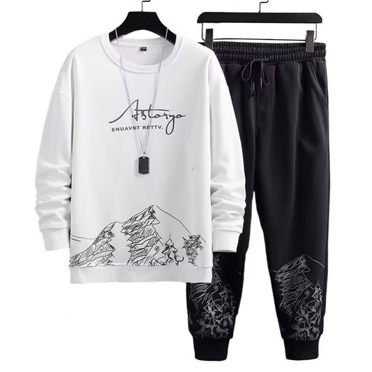 Pockets Jogging Suit Men'S Mountain Print Casual Tracksuit Set with O-Neck Sweatshirt Jogger Pants for Autumn Winter Men