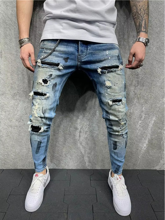 Men Slim-Fit HIP HOP Ripped Jeans Man Painted Printed Pencil Denim Pants Fashion Patchwork Moto Biker Cowboy Beggar Trousers Men