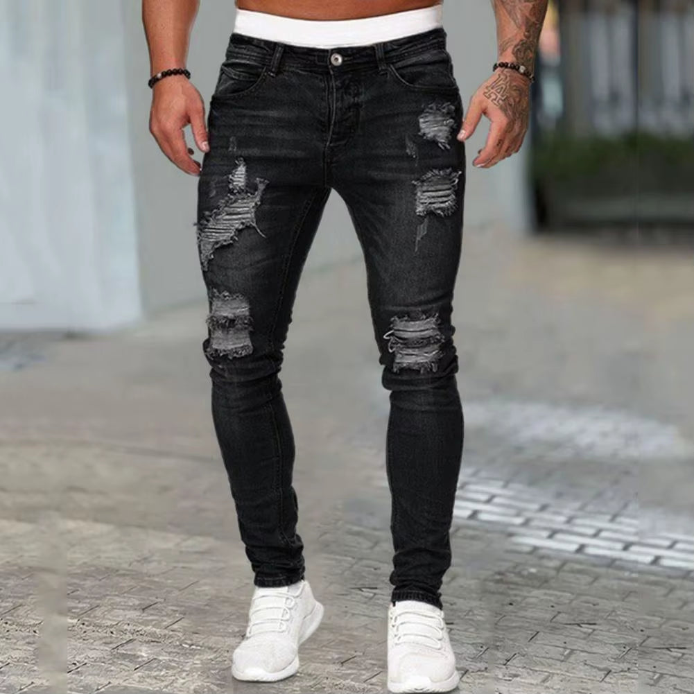 Skinny Jeans for Men ​Painted Stretch Slim Fit Ripped Distressed Pleated Knee Patch Denim Pants Brand Casual Trouser Male