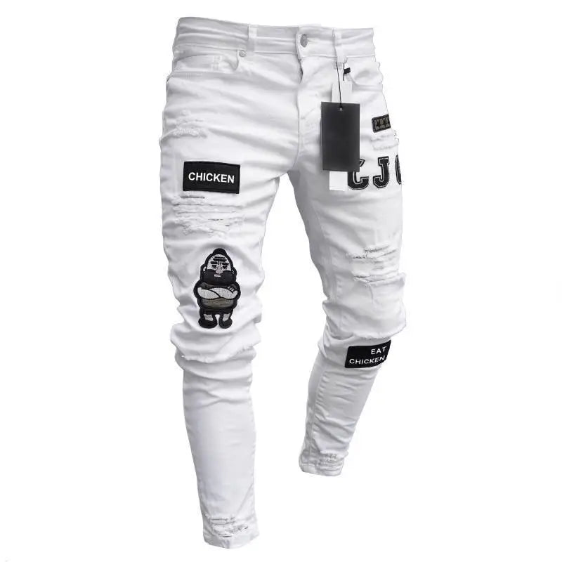 Men Slim Biker Ripped Long Denim Trousers Skinny Jeans Pocket Young Man Jogging Pants ​Destroyed Stretchy-Black Pants