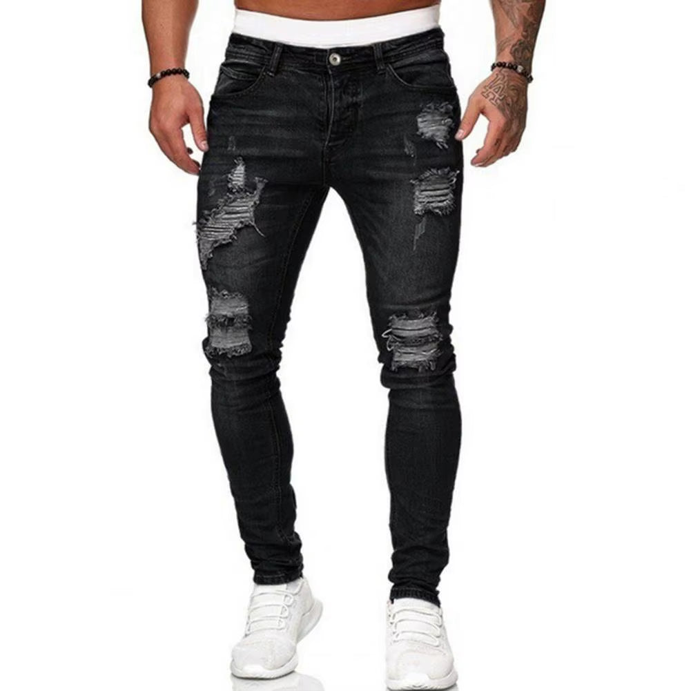 Skinny Jeans for Men ​Painted Stretch Slim Fit Ripped Distressed Pleated Knee Patch Denim Pants Brand Casual Trouser Male