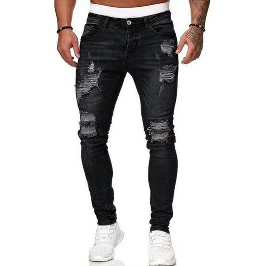 Skinny Jeans for Men ​Painted Stretch Slim Fit Ripped Distressed Pleated Knee Patch Denim Pants Brand Casual Trouser Male