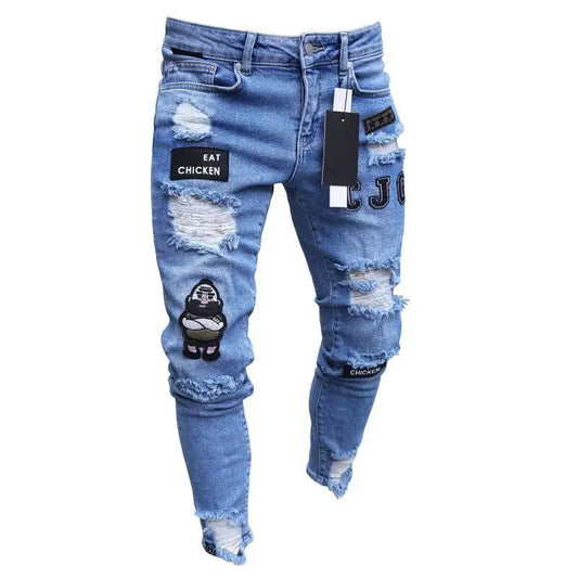 Men Slim Biker Ripped Long Denim Trousers Skinny Jeans Pocket Young Man Jogging Pants ​Destroyed Stretchy-Black Pants