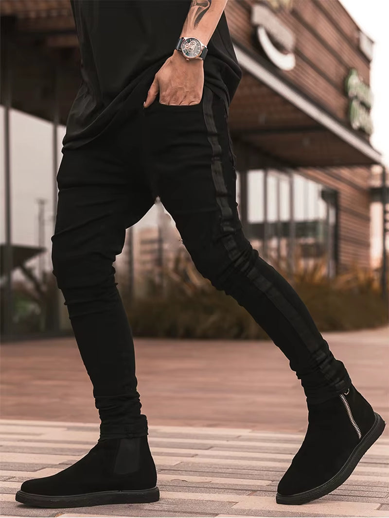 Streetwear Men'S Skinny Jeans Men Pants Pencil Biker Side Striped Jeans Hip Hop Slim Fit Man Stretchy Jeans