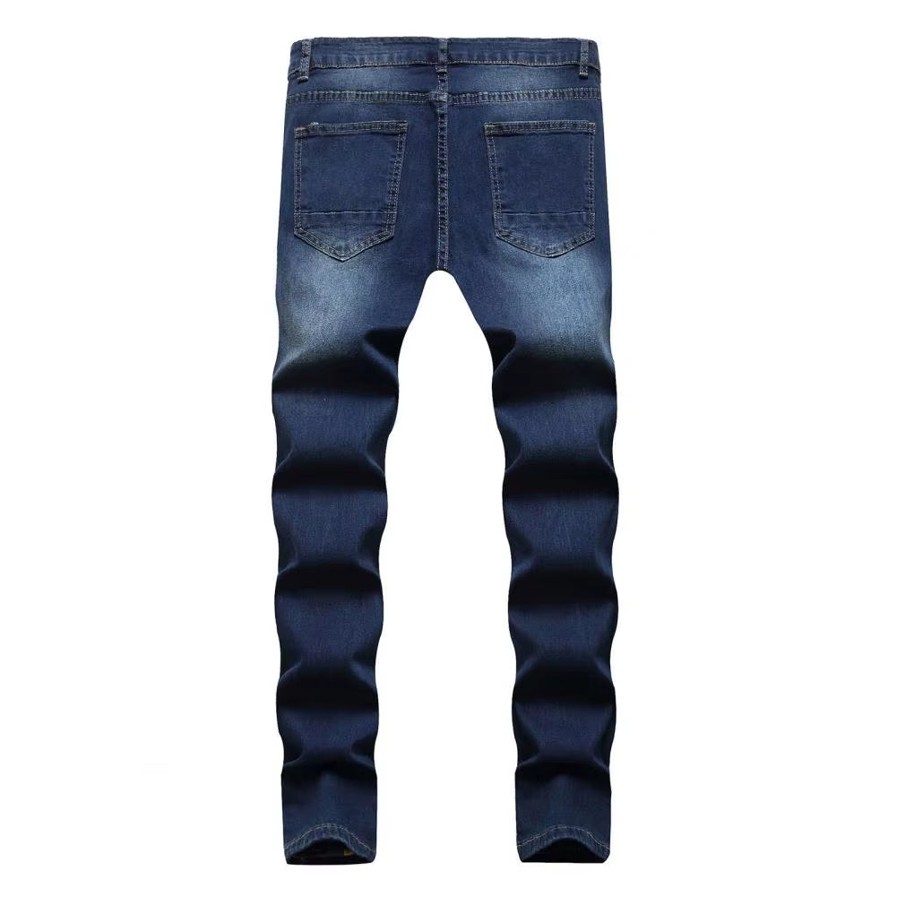 Skinny Jeans for Men ​Painted Stretch Slim Fit Ripped Distressed Pleated Knee Patch Denim Pants Brand Casual Trouser Male