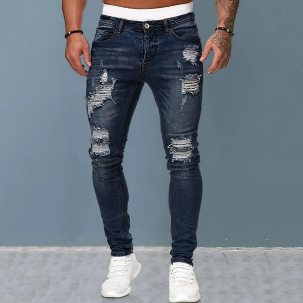 Skinny Jeans for Men ​Painted Stretch Slim Fit Ripped Distressed Pleated Knee Patch Denim Pants Brand Casual Trouser Male