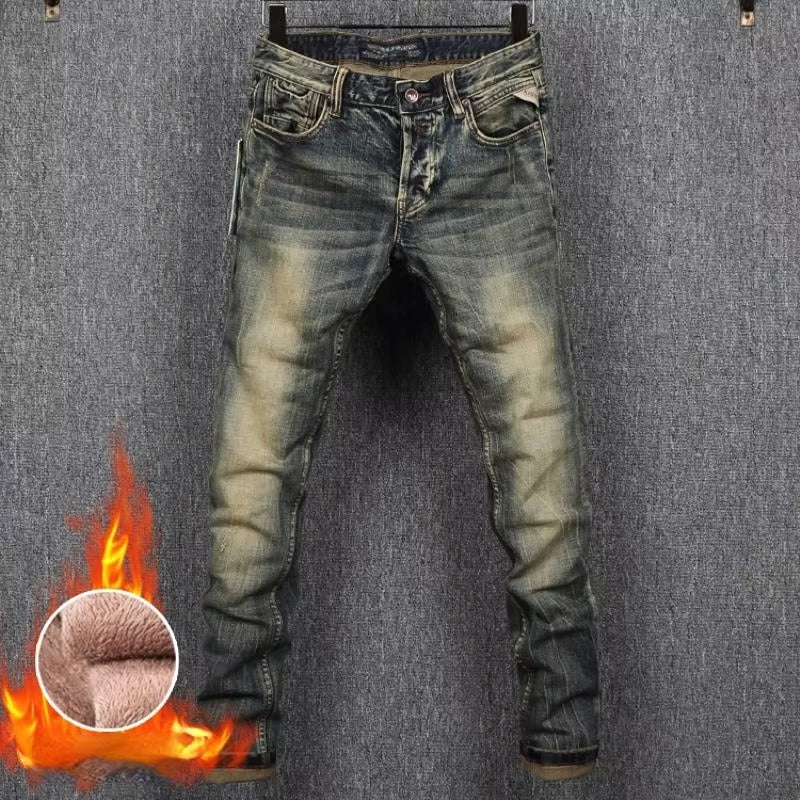 MEN FASHION Korean Style Clothes Brushed Fleece Denim Cargo Vintage Winter Straight Slim Luxury Streetwear 90S Trousers for Men