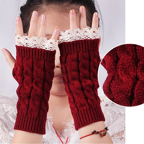 Lace Patchwork Women Knitting Embroidered Gloves