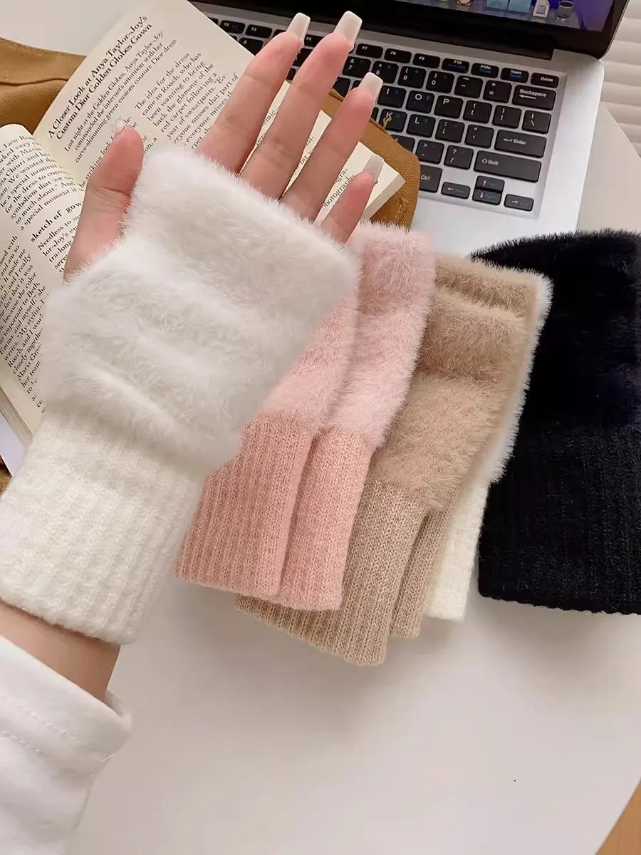 Soft Winter Half Finger Gloves Women