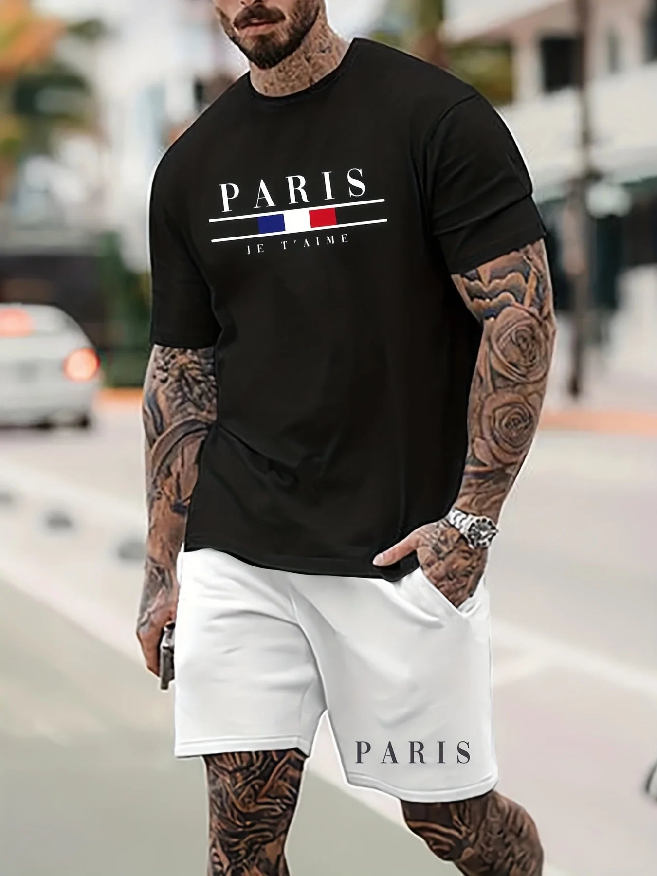 Men's T-shirt Set Short Sleeved Top+ Shorts Loose Cotton