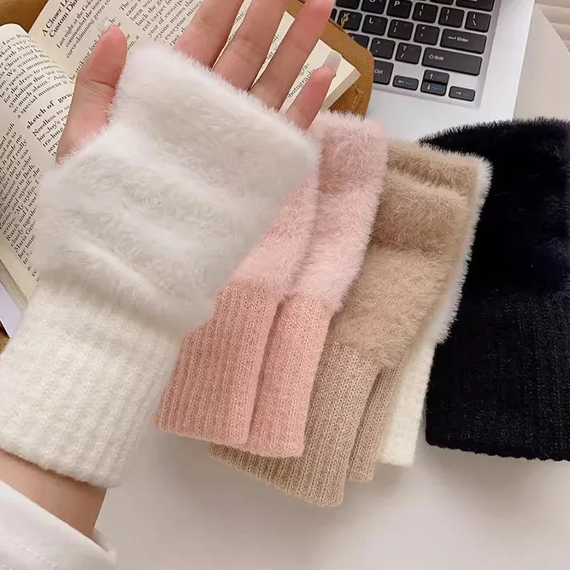 Soft Winter Half Finger Gloves Women