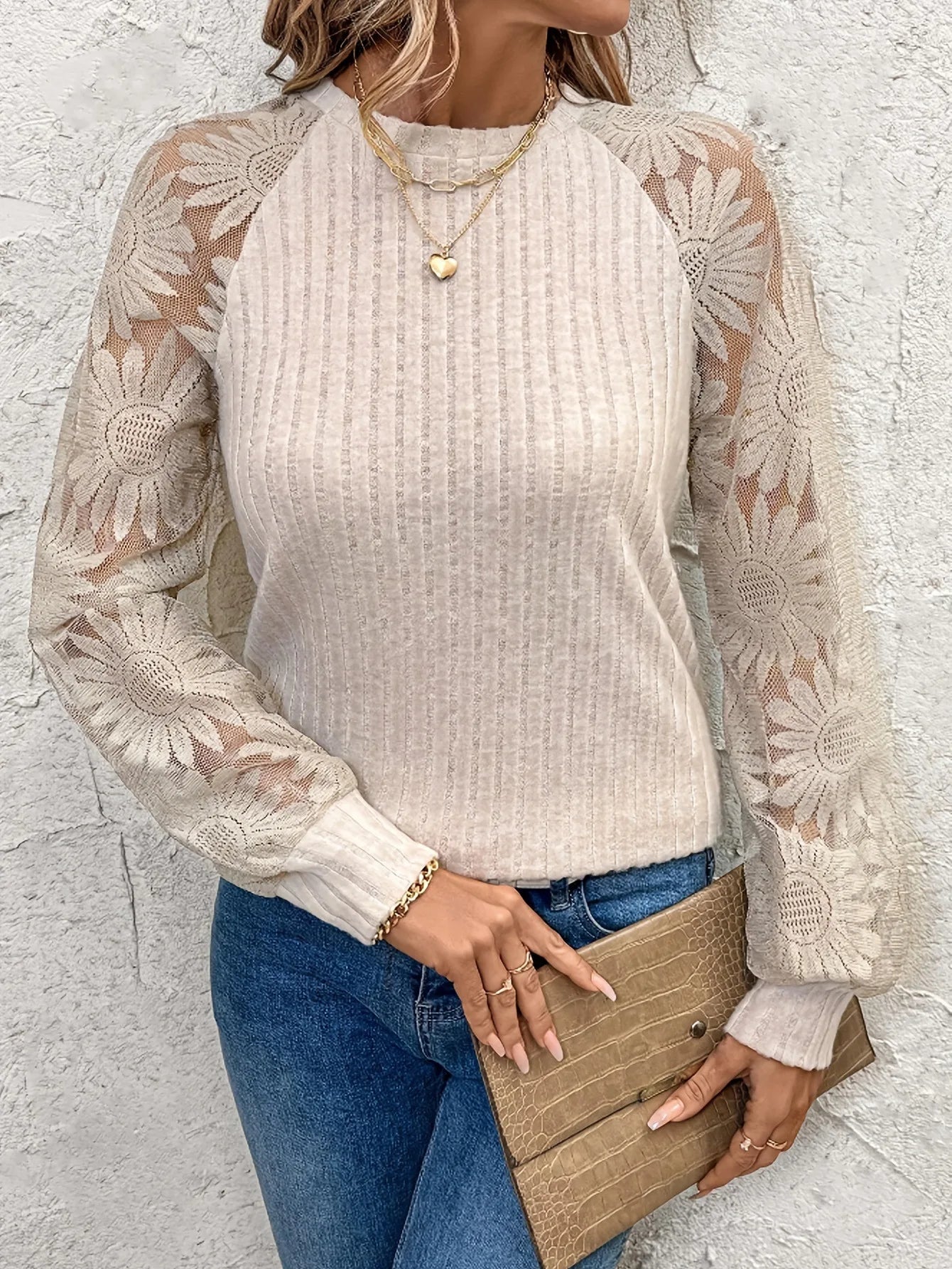 Women's Lace Panel Long Sleeve Top